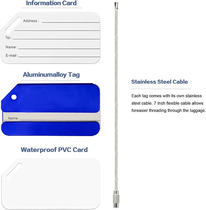 2Pack Blue Aluminum Luggage Tags, Luggage Tag Holders for Travel Luggage Baggage Identifier by Ovener