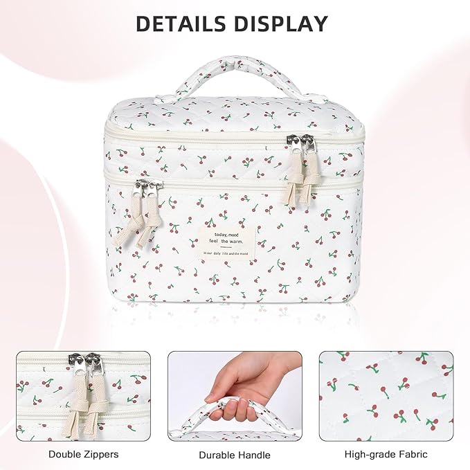 Makeup bag, Large Cosmetic Bag for Women Girls, Cute Quilted Makeup Bags, Floral Coquette Aesthetic Toiletry Bag, Travel Make Up Organizer Bag (Cherry)