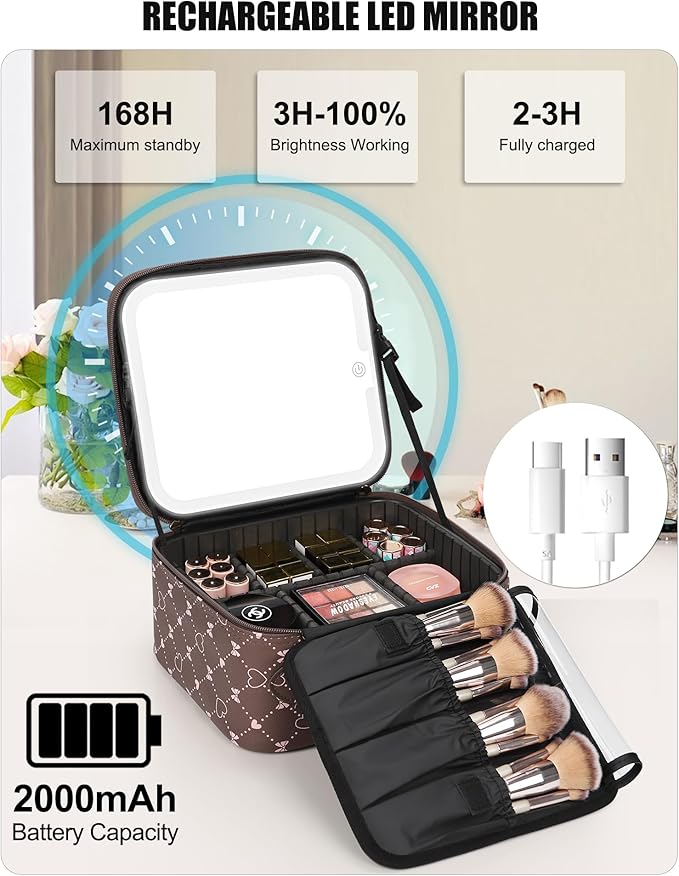 Relavel Travel Makeup Bag With LED Mirror, Portable Cosmetic Organizer Bag with Adjustable Brightness in 3 Color Scenarios, Small Train Case with Detachable Dividers for Trip- Brown Bowknot