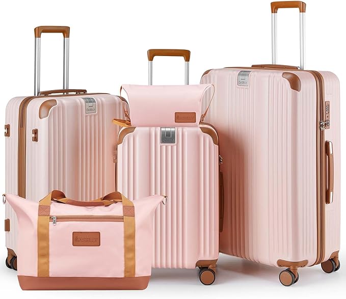Luggage Set 3 Piece with Cup Holder,Hardshell TSA Lock Spinner Wheels Carry on Lightweight Suitcase，Hook and YKK Zippers for Valentine Gifts(Pink, 5 piece sets(20/24/28/DB/TB))