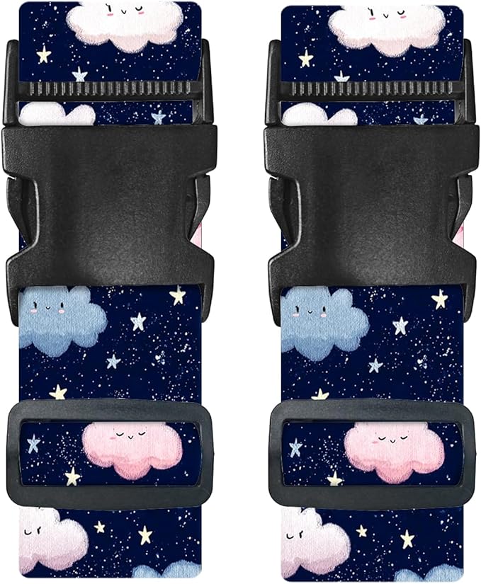 Nuxovilar Luggage Straps of 2 Set Cartoon Clouds Stars Pattern, 1.96x90.5 inches - Luggage Straps for Suitcases, Great for Night Trips, Family Travel, Daily Use