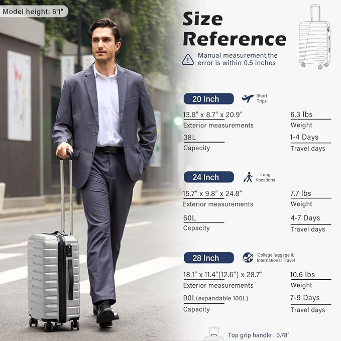 Coolife Expandable Large Checked Luggage with Spinner Wheels, Hard Shell Suitcase TSA Lock Rolling Travel Luggage 28-inch,Silver