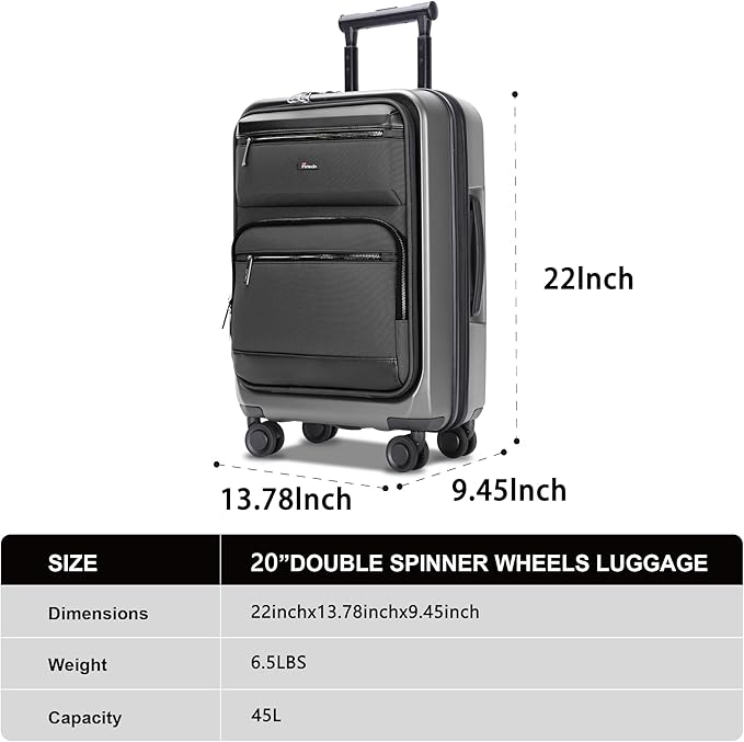 Luggage Sets 2 Piece, Carry On Luggage with Front Pocket & USB Port and 28 Inch Expandable Checked Luggage, Hybrid Soft Front & Hard Shell Suitcases with Spinner Wheels & TSA Lock, Grey