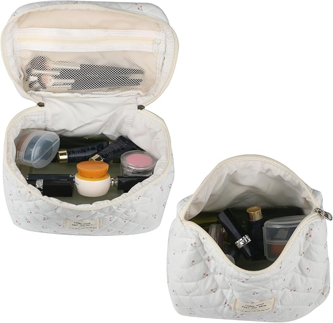 Cute Makeup Bag for Women(2 Pcs), Travel Cosmetic Bags, Quilted Coquette Aesthetic Floral Toiletry Organizer Bag (Cherry)
