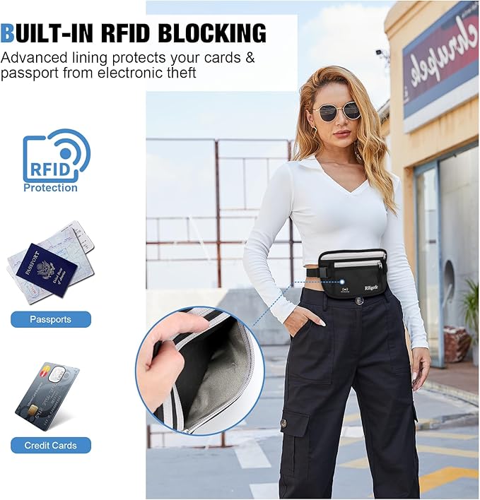 Money Belt for Travel Women and Men Hidden - Slim RFID Blocking Travel Wallet with Secure Anti-Theft Pouch, Passport Holder for Passport, Credit Cards, Cash Under Clothes