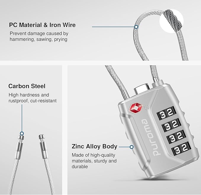 Puroma 2 Pack TSA Approved Luggage Lock, 4 Digit Combination Travel Cable Locks Resettable Code Lock with Zinc Alloy Body for Suitcase, Toolbox, Backpack, Bag, Gym Locker (Silver)