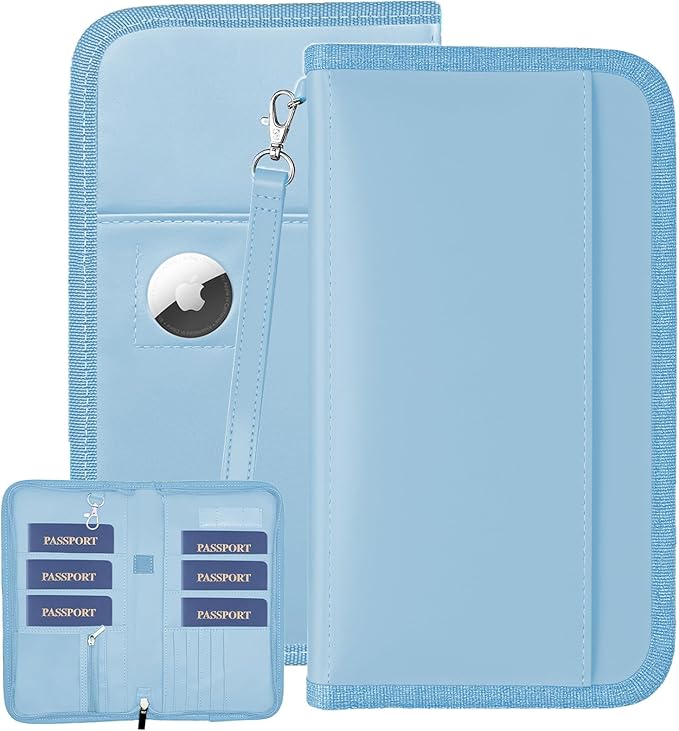 GOAUS Passport Holder with AirTag Slot, PU Leather Travel Document Organizer, Multiple RFID Blocking Wallet for Family of 4 to 6 Blue