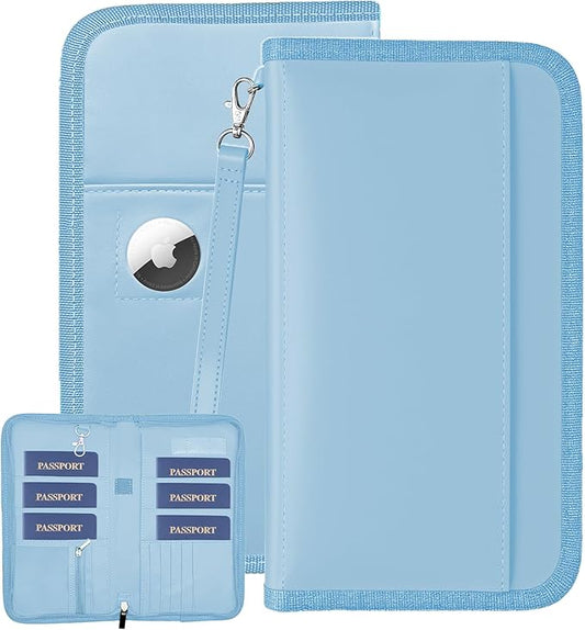 GOAUS Passport Holder with AirTag Slot, PU Leather Travel Document Organizer, Multiple RFID Blocking Wallet for Family of 4 to 6 Blue