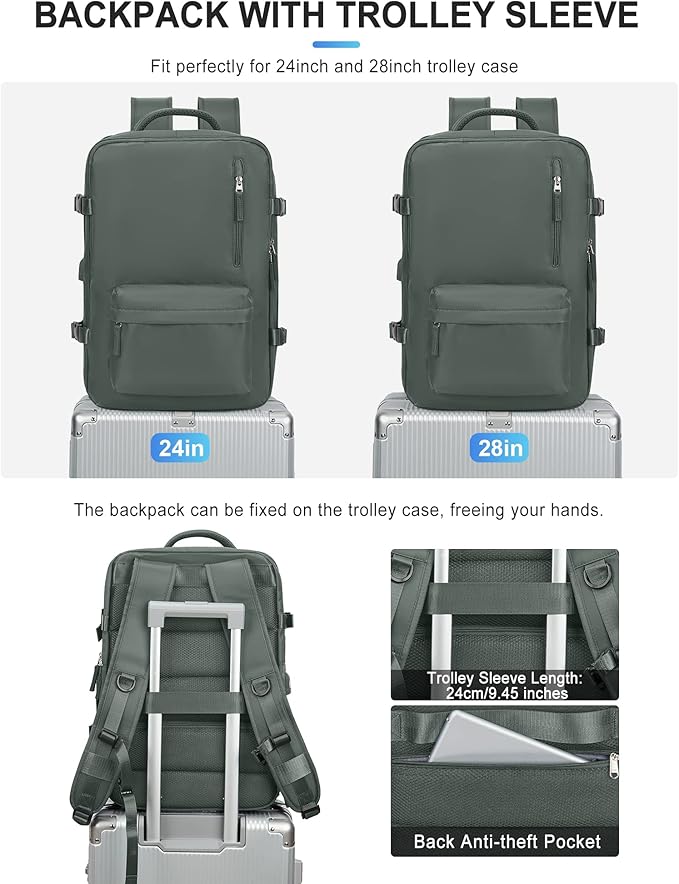 VGCUB Large Travel Backpack Bag for Women Men,Carry on Backpack,17 Inch Laptop Business Work Waterproof Backpack with Laptop Compartment,Person Item Flight Approved,Mochila de Viaje,Green Expandable