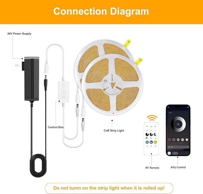 Pandery COB LED Strip Lights Cool White,24V Dimmable led Light Strip KIT with Remote and app Control,6000K 50FT/15m 8mm Wide Ra>90 Cuttable Flexible Strip Lights for Bedroom,Wardrobe,Cabinet