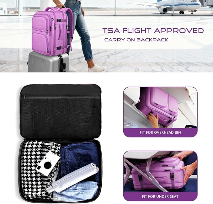 Travel Backpack for Women, Expanable Carry on Backpack, TSA 17.3 inch Laptop Bag Flight Approved, Lightweight Waterproof Business Luggage Bag, Travel Gifts for Women, Purple