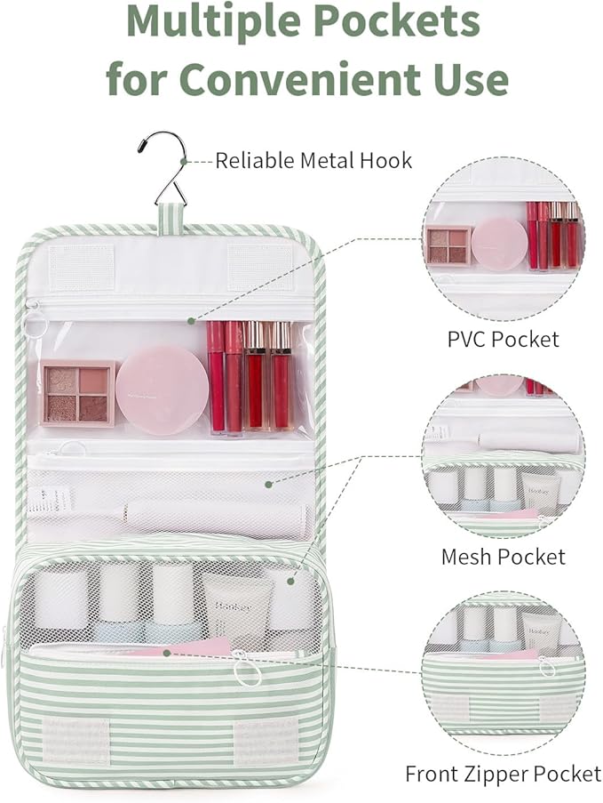 Narwey Small Hanging Toiletry Bag for Travel Women Girl, Striped Toiletries Travel Bag with Hook, Hanging Makeup Bag Organizer Make Up Cosmetic Bags (Mint Green Stripe)