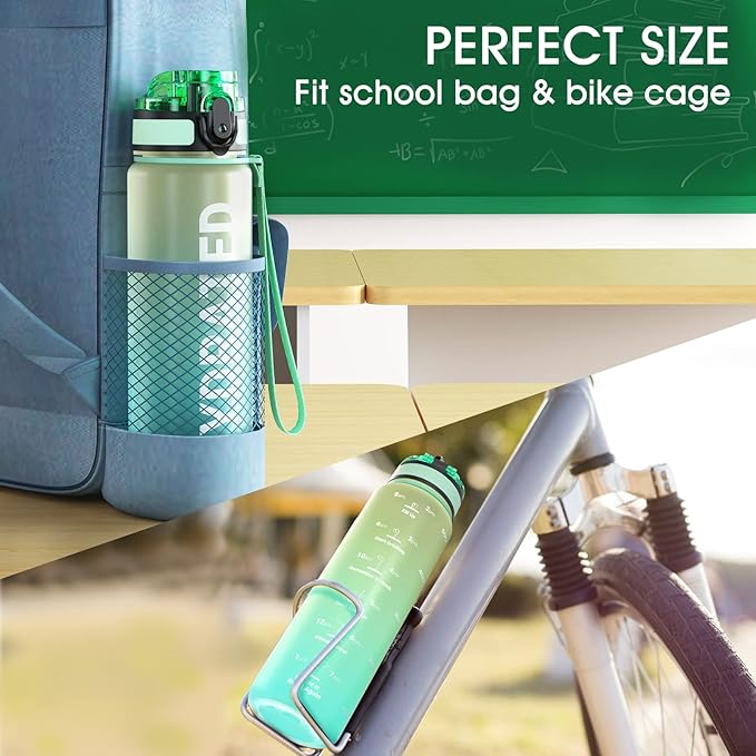 Sahara Sailor Water Bottle, 32/25/17oz Durable and Leakproof Water Bottles Motivational with Time Marker, Tritan, BPA Free, Wide Mouth with Easy Clean Brush for Gym, Travel, School, Office (1 Bottle)