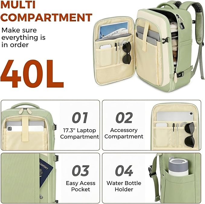 Vancropak Carry on Backpack for Women, Large Expandable Travel Backpack Fits 17.3" Laptop, Airplane Approved Suitcase Bag with Shoe Compartment, Lightweight Anti Theft Weekender Bag for Travel, Green