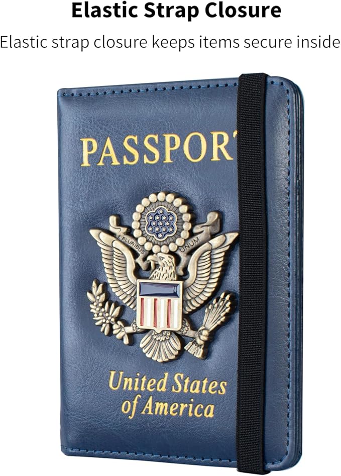 Passport Holder and Card Slot Combo RFID Blocking Leather Travel Passport Wallet for Men and Women US Passport Cover, Blue