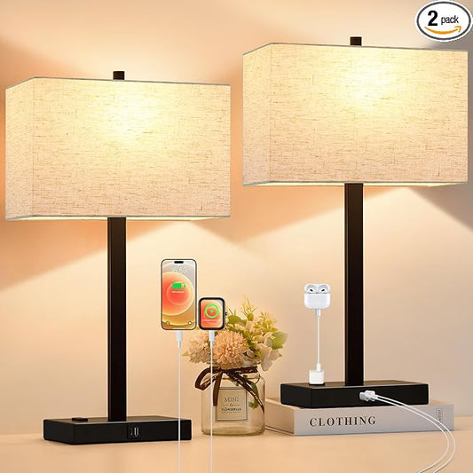 Lynnoland 21" Set of 2 Table lamp with USB A+C & AC Outlets, Touch Control 3-Way Dimmable Nightstand Lamps for Bedroom Living Room Office Reading, Linen Shade Touch Lamps, 3000K LED Bulbs Included