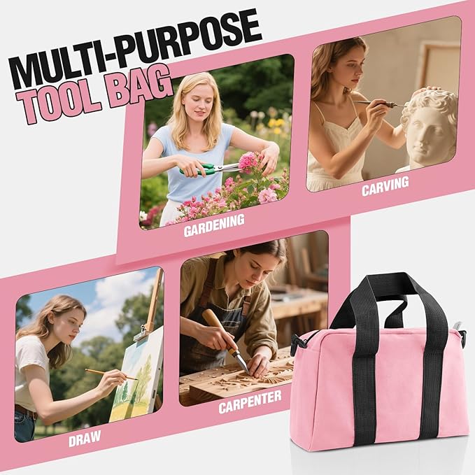 Small Tool Bag, Canvas Tool Storage Bag, Large Capacity Multipurpose Zipper Soft Tote Organizer Pouch for Electrician, Plumbing, Gardening,Tools Bags for Men (Pink, 14 Inch)