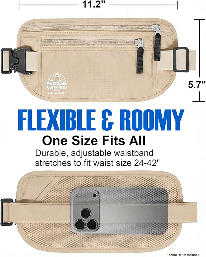 Hidden Money Belt for Travel, RFID Blocking, Sweat-Proof, Heavy-Duty Buckle, 3rd Gen Waist Wallet Anti Theft to Protect Cash, Credit Cards and Documents Under-Clothes for Men & Women, Beige