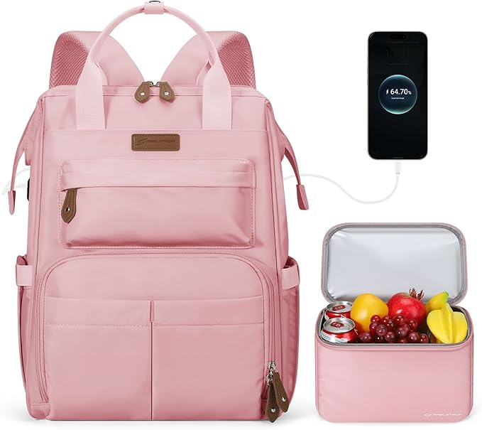 Maelstrom Travel Backpack for Women Men,Laptop Backpack Fits 15.6-17.3 Inch Laptop, Nurse/Work Bag with Insulated Lunch Box (Pink)
