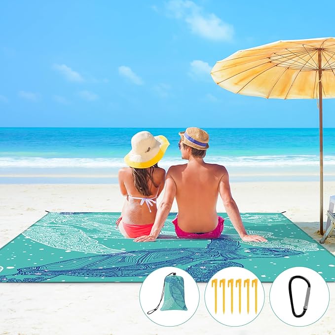 Ainiv Beach Blanket, Large Beach Mat 140 x 210 cm (2-3 People) Foldable, Sandproof Waterproof, Camping Outdoor Blanket with 6 Fixed Nails for Beach, Hiking, Picnic