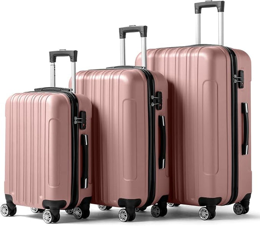 Karl home Luggage Sets 3 Piece, Hardside Carry on Suitcase Sets with Spinner Wheels & TSA lock, Portable Lightweight ABS Luggages for Travel, Business - Light Pink, 20/24/28in