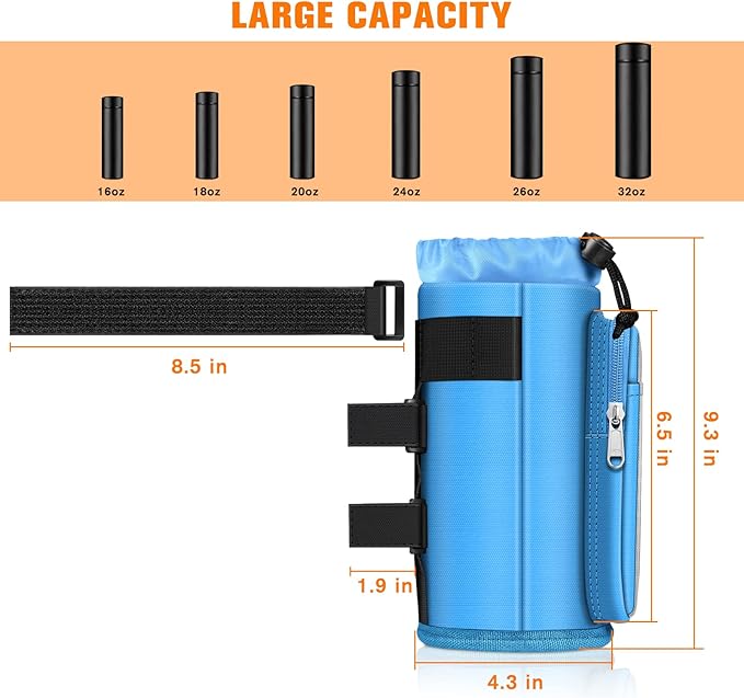 FINPAC Cup Holder for Bike, Universal Water Bottle Holder with Phone Pockets for Stroller Walker Golf Cart Rollator and Scooter, Outdoor, Biking - Blue