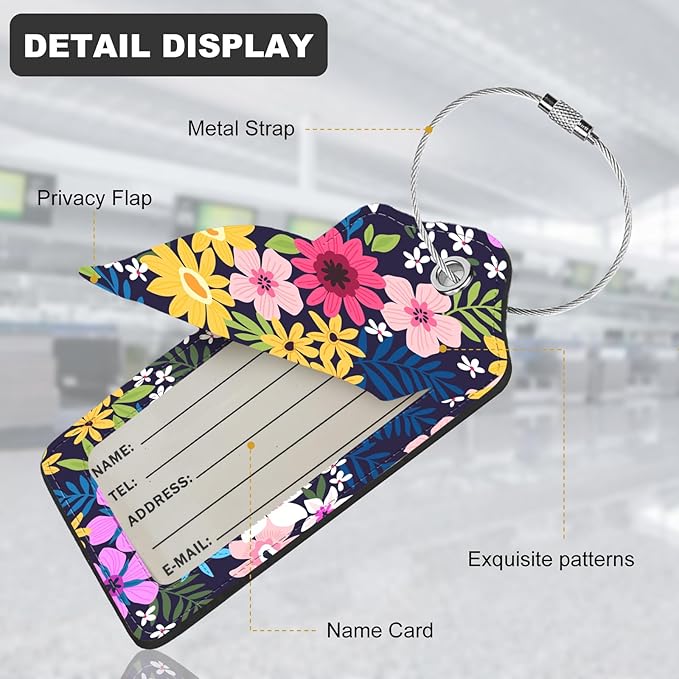 2Pack Luggage Tags for Suitcases, Cute Unique Pu Leather Cruise Luggage Tag with Privacy Cover ID Label Address Card and Metal Ring Suitable for Women Men Kids Travel Bag Colorful Flowers 1