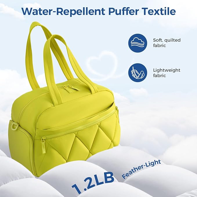 Gym Bag for Women, Puffer Travel Duffle Bag With Shoes Compartment & Wet Pocket, Carry On Tote Bag For Weekender, Overnight, Sport (Neon Lime, Medium)