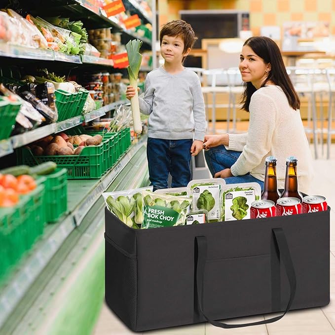 LHZK Standing Extra Large Utility Tote Bag with Metal Wire Frame and the Sides Rinforced, Extra Large Tote Bag with Handle, Reusable Grocery Bags Foldable, Beach Bag, Car Tote (Black, 26''x15''x13'')