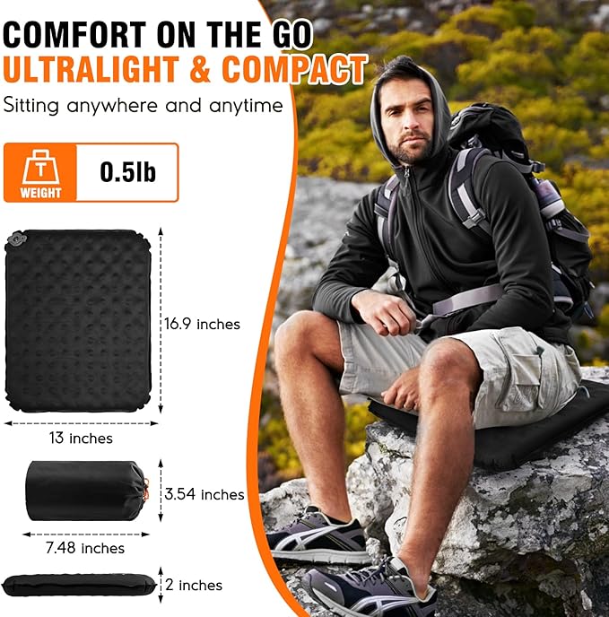 Inflatable Seat Cushion, Self-Inflating Memory Foam Stadium Seats Cushion Lightweight & Compact Chair Sitting Pad Airplane Cushion for Long Flight Travel Outdoor Camping Car Bleachers Office