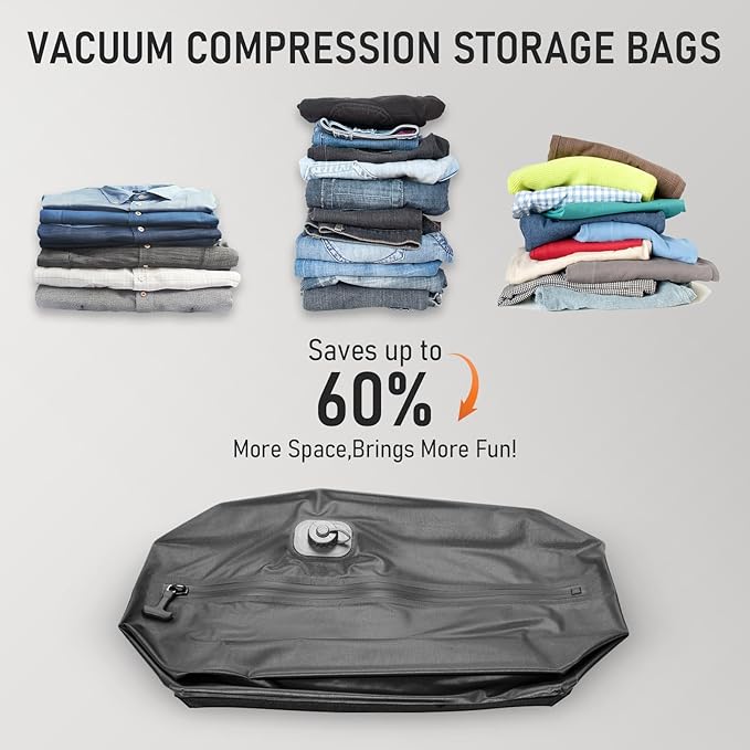 VJI Reusable Vacuum Bag for Travel, IPX8 Waterproof Compression Storage Bag for Luggage and Closet, Space Saving and Leakproof Packing Organizer (Black, With pump)