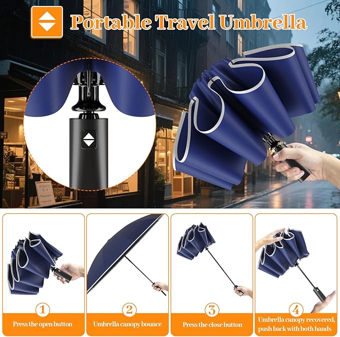 ExploreBliss Travel Umbrella Superior, Beautiful & Compact, Large Strong but Light Portable and Automatic Folding Rain Umbrella, Premium Grip, Fits Car & Backpack