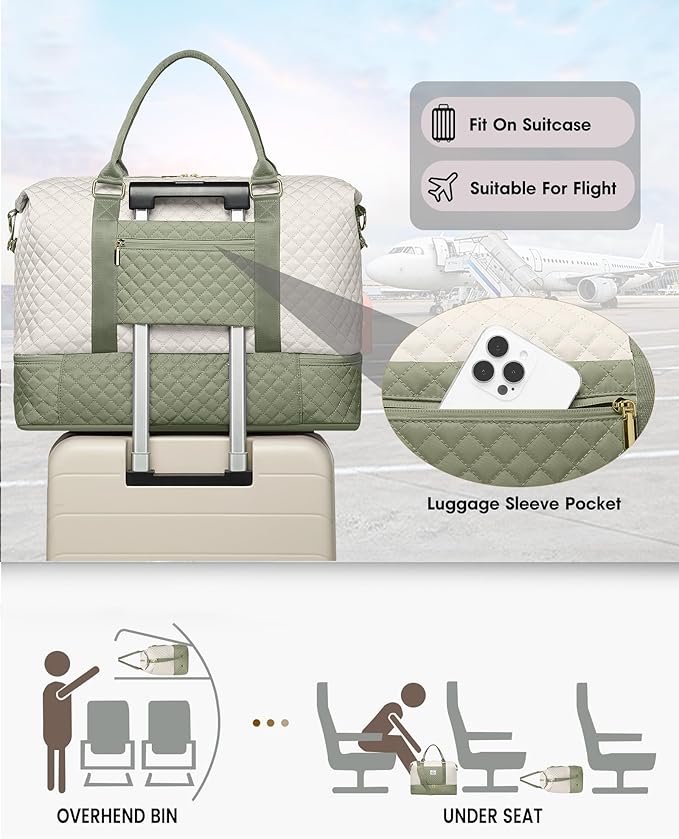 Weekender Bags for Women Duffle Bag - Travel Duffel Bag with Shoe Compartmen Carry on Overnight Bag with Toiletry Bag Gym Tote Bag with Wet Pocket Hospital Bags for Labor and Delivery Beige Green