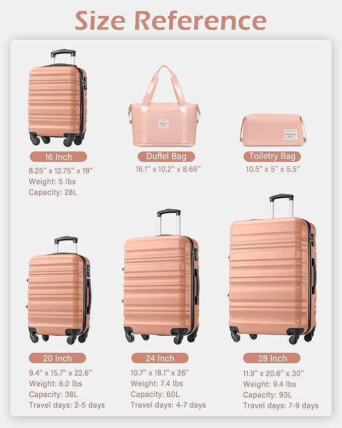 LONG VACATION 6 Piece Luggage Set Carry on Suitcase with ABS+PC hardshell, Spinner Wheels & YKK Zipper TSA Lock (PINK, 6 piece set)