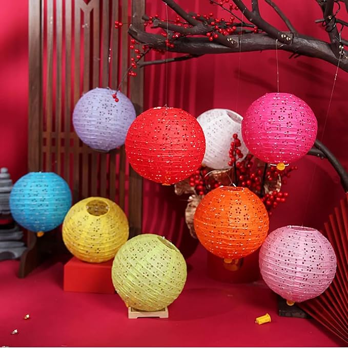 10PCS Paper Lanterns Valentines Day Chinese New Year Spring Festival Lantern,8inches Round Hanging Paper Lanterns with LED Lights,with Tassels Walking Sticks for Wedding Dinner Birthday Party Decor