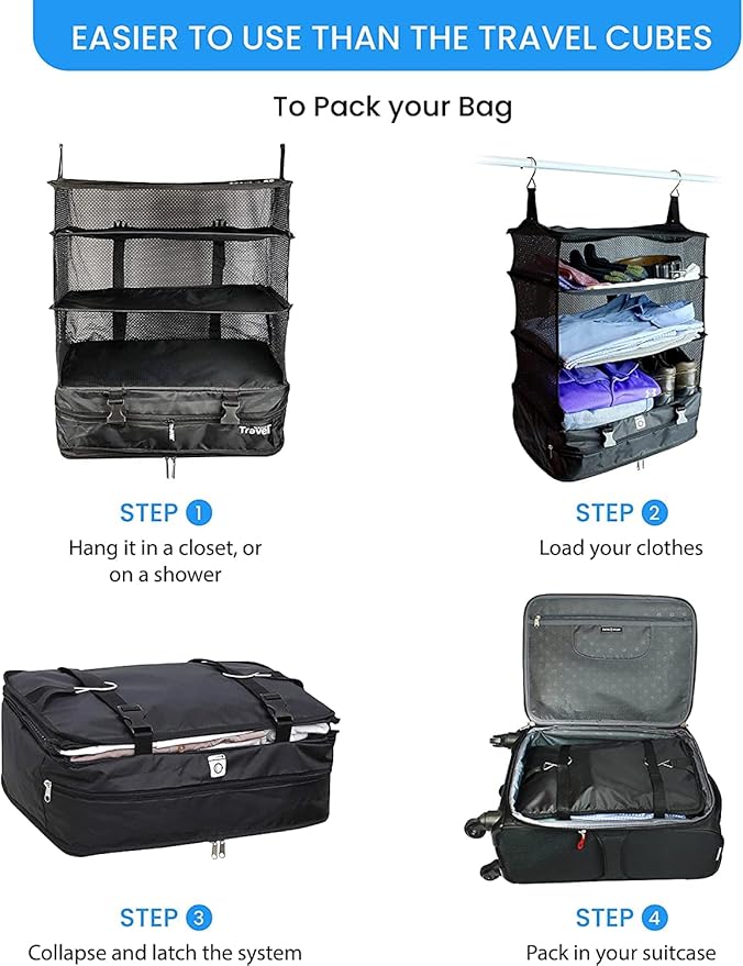 Grand Fusion Stow-N-Go Packing Organizer for Luggage, Portable Hanging Travel Shelves, Carry-On Closet, Hanging Packing Cubes, Collapsible Carry-On Organizer for Cruises & Hotels. Black - XL