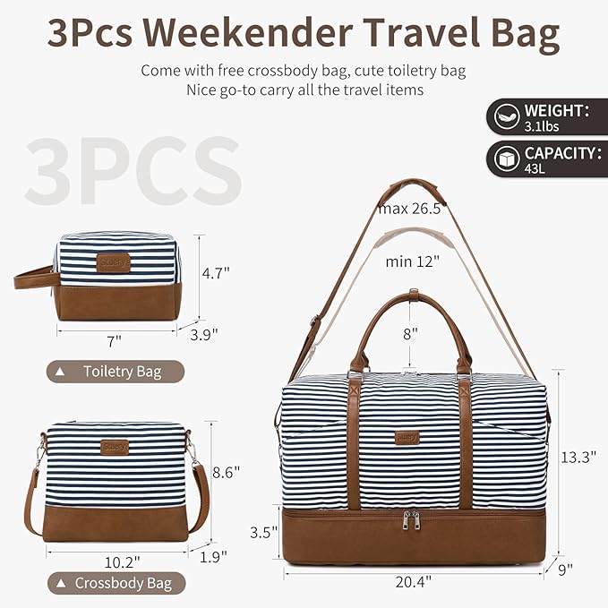 Weekender Bag, Large Travel Duffel Bag for Women, Carry on Overnight Bag with Shoe Compartment and Toiletry Bags