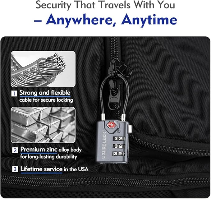 SURE LOCK TSA Approved Combination Luggage Locks with Open Alert Indicator – Durable Zinc Alloy Cable Travel Locks with Large Easy-Read Dials for Suitcases, Backpacks & Gym Bags(Grey 2 Pack)