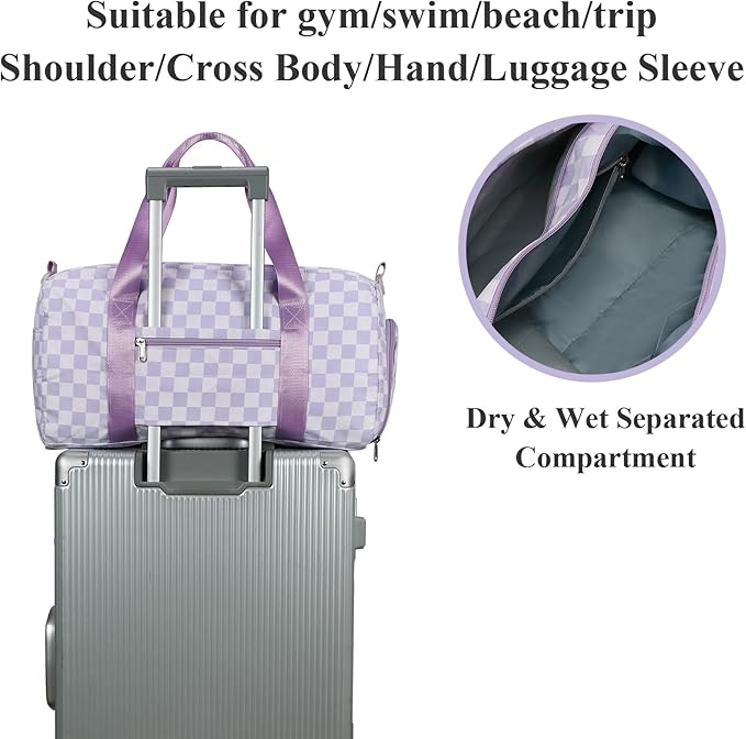 LEDAOU Duffle Bag Girls Kids Cute Dance Bag with Shoes Compartment Gym Bag with Wet Pocket Sports Overnight Travel Bag (Purple Checkered)