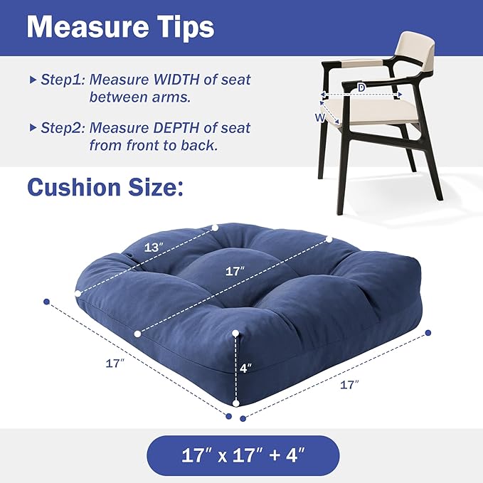 Outdoor Chair Cushions Set of 2, Patio Chair Cushions with Ties, 17x17+4” Tufted Outdoor Seat Cushions, Waterproof Patio Furniture Cushions, Outdoor Dining Chair Pads, Navy