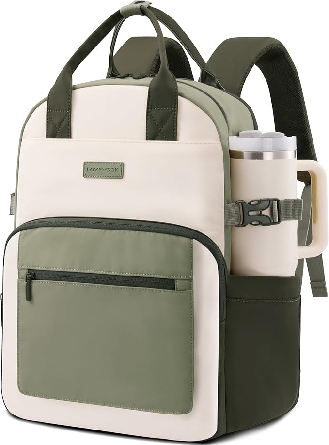 LOVEVOOK Laptop Backpack for Women - Stylish Work Backpack with Large Cup Holder, Waterproof College Teacher Backpack, Green, 17Inch