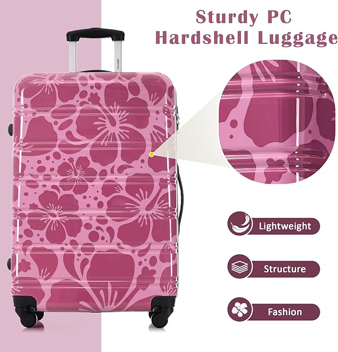 Merax Suitcase Set, Hardshell Luggage Sets 3 Piece with Spinner Wheels, Durable Printing Suitcase with TSA Lock Lightweight 20" 24" 28",Purple Pink