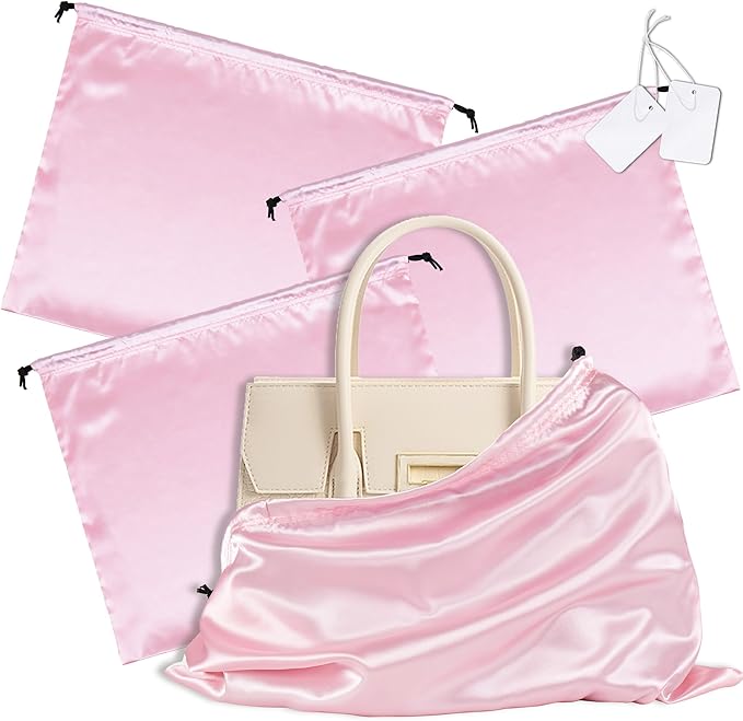 Vonty 3 Pack Silky Dust Bags for Shoes and Purses, Satin Drawstring Bag for HandBags Boots - Pink Shoe Bag Silk Dust Cover Bag Protector Travel Storage Pouch(19.6 x 15.7 In)