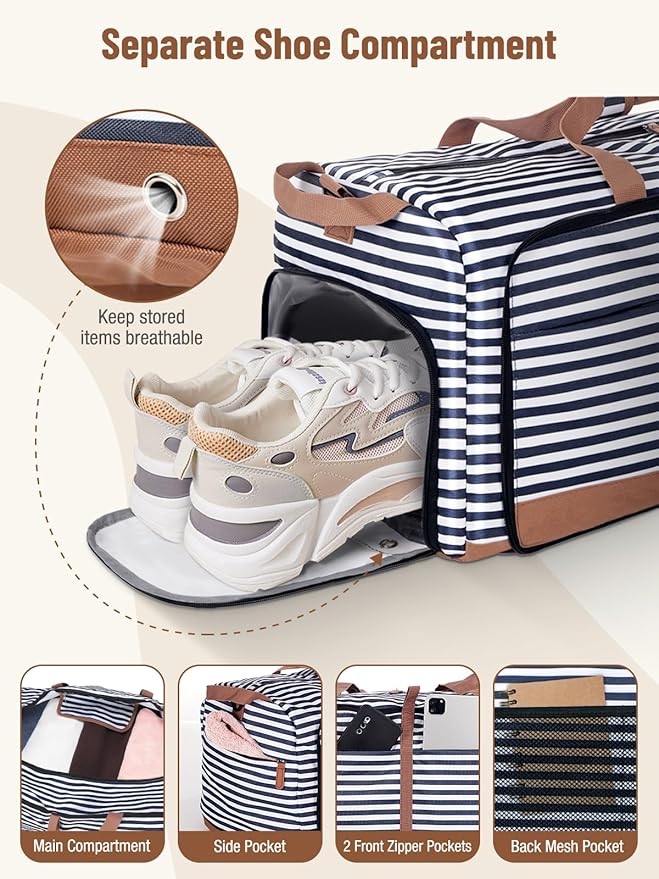 Lekesky Foldable Travel Duffle Bag for Women, Large Duffel Bag with Separate Shoes Compartments & Straps, Carry On Weekend Bag for Women, Hospital, Overnight (Blue Stripe, 150L)