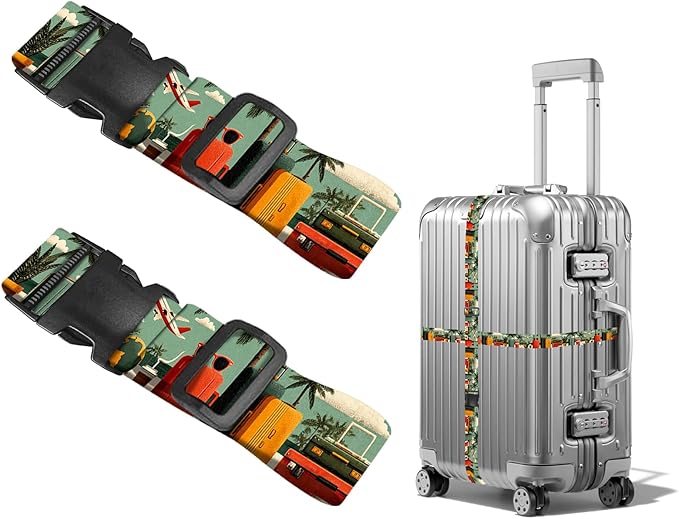 Nuxovilar Luggage Straps of 2 Set Travel Elements Pattern, 1.96x90.5 inches - Luggage Straps for Suitcases, Perfect for Vacation, Beach Trips, Travel Enthusiasts