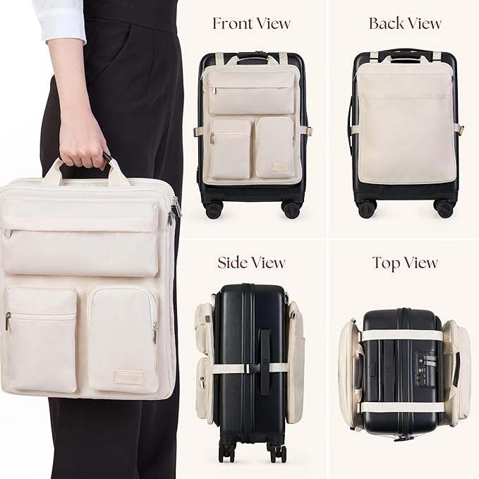 BAREFOOT CARIBOU Over Luggage Organizer for Carry On Bag or Suitcase with Storage Pockets, 16” Laptop Sleeve with Handle, Travel Accessories Bag Slide On Luggage Harness with Adjustable Straps (Ivory)