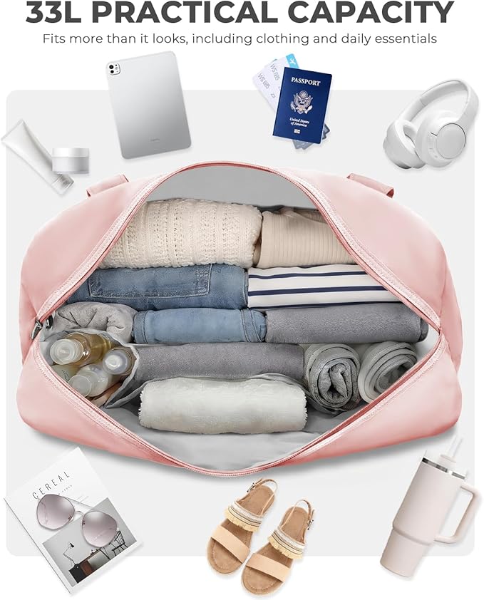 Percover Weekender Travel Duffel Bag for Women, Lightweight Soft-Structure 33L Carry-On, Water-Resistant Nylon with Shoulder Strap & Trolley Sleeve, Personal Item Friendly, Blush Pink