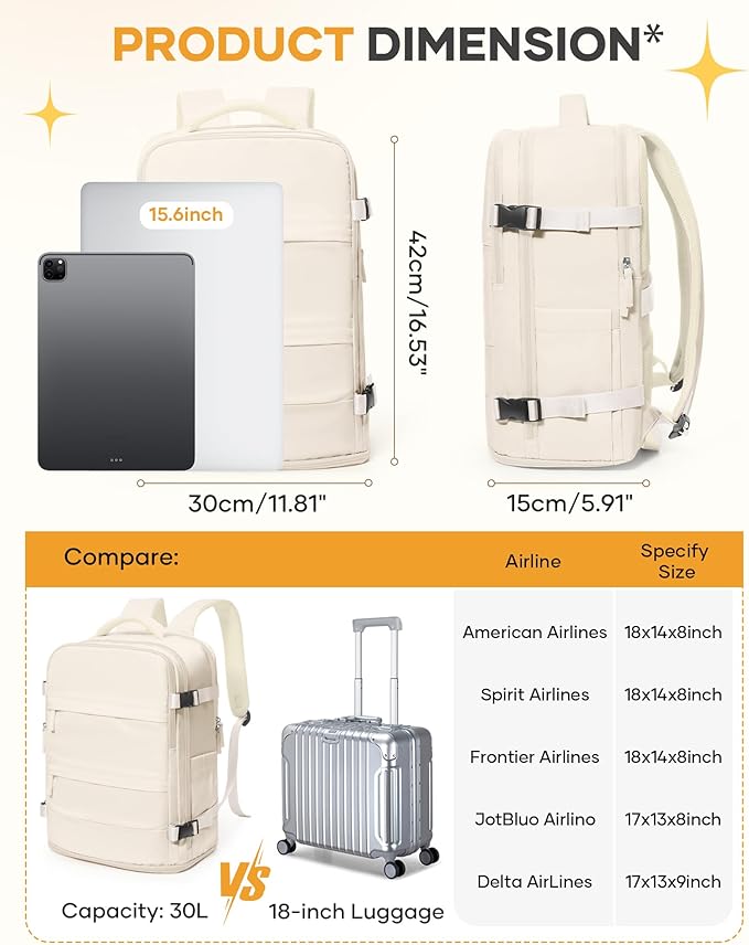 coofay Beige Travel Backpack For Women Men Airline Approved Personal Item Carry On Flight Approved Waterproof Backpack For Traveling On Airplane Weekender Travel Bag