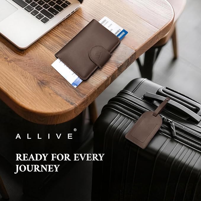 ALLIVE Genuine Leather Passport Holder for Travel with Hidden AirTag Pocket, RFID Blocking Passport Travel Wallet with Luggage Tag & Premium Gift Box, Holiday Gift for Women and Men (Coffee Brown)