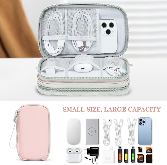FYY Electronic Organizer, Travel Cable Organizer Bag Pouch Electronic Accessories Carry Case Portable Waterproof Double Layers Storage Bag for Cable, Cord, Phone, Earphone, Medium Size, Light Pink